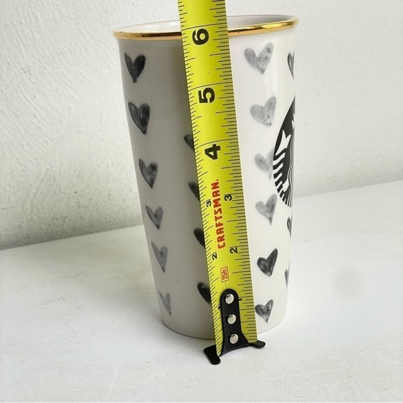 STARBUCKS Vintage 2014 Black Hearts White Ceramic Tumbler Gold Rim Collectible - Picture 5 of 8